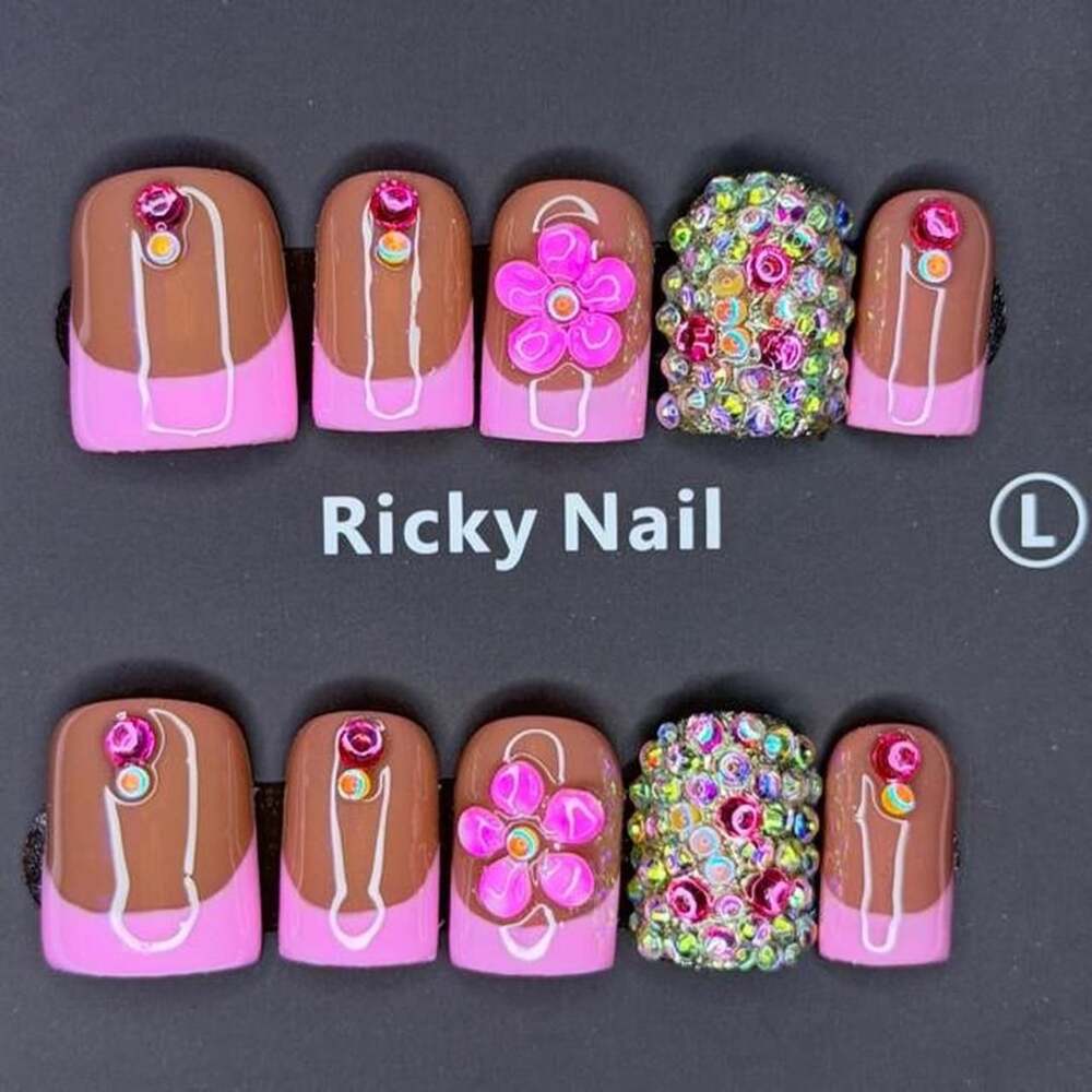 Ricky Nail Pink Floral Bling Press-On Nails Size Large